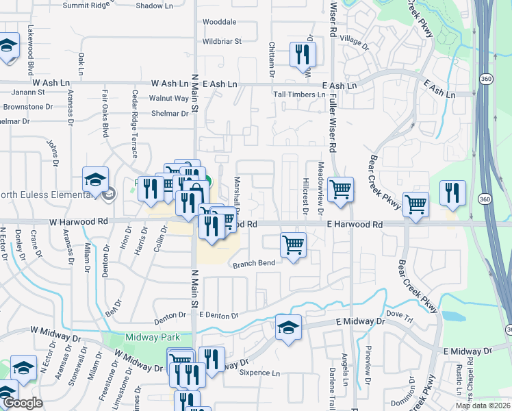map of restaurants, bars, coffee shops, grocery stores, and more near 21 Harwood Park Townhome Village Drive in Euless