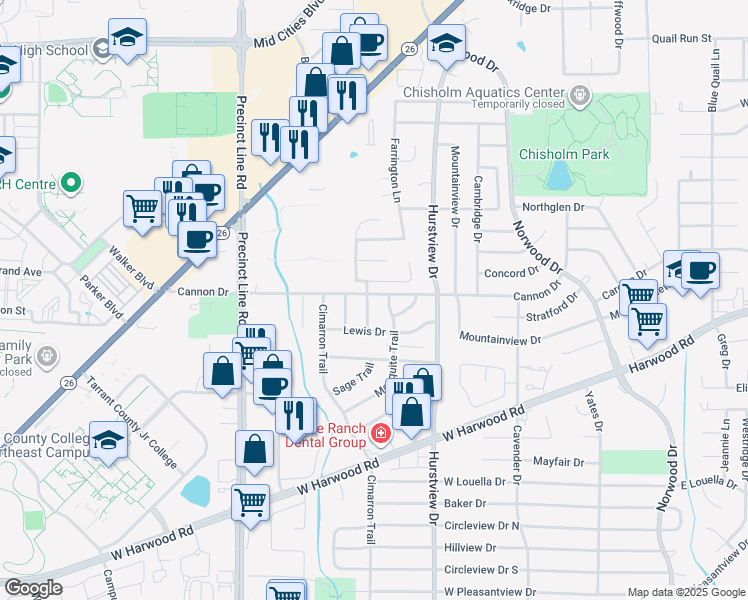 map of restaurants, bars, coffee shops, grocery stores, and more near 629 Highview Lane in Hurst