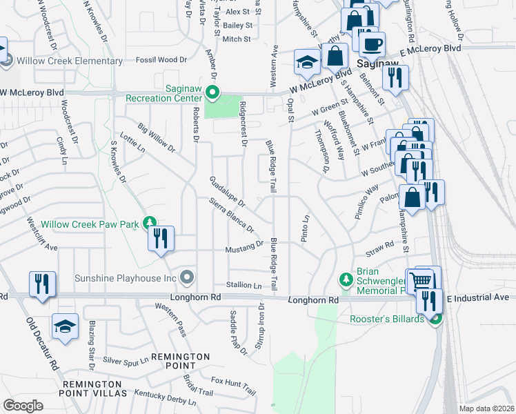 map of restaurants, bars, coffee shops, grocery stores, and more near 507 Prairie Court in Saginaw