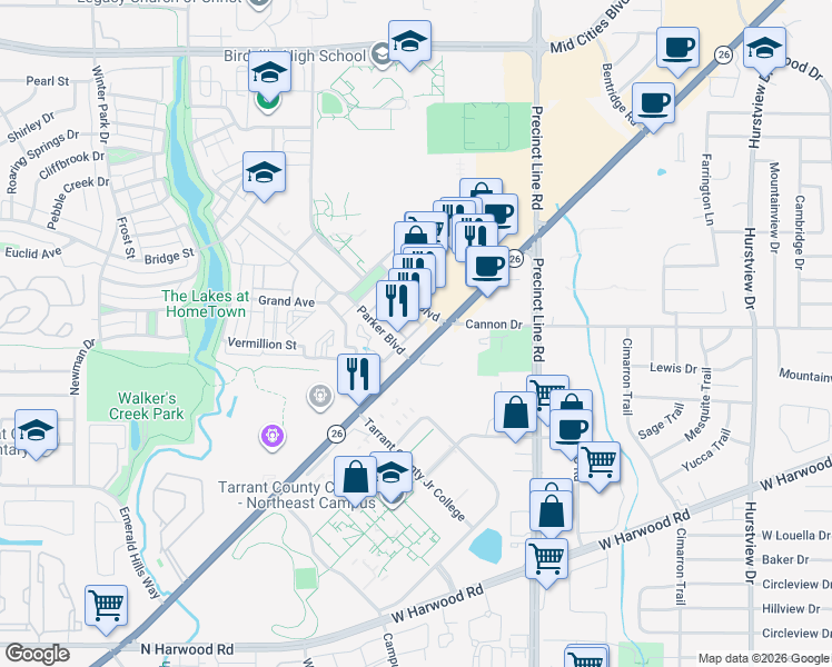 map of restaurants, bars, coffee shops, grocery stores, and more near 9101 Boulevard 26 in North Richland Hills