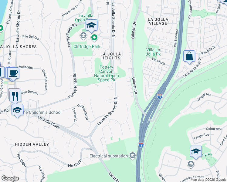 map of restaurants, bars, coffee shops, grocery stores, and more near 8080 La Jolla Scenic Drive North in San Diego