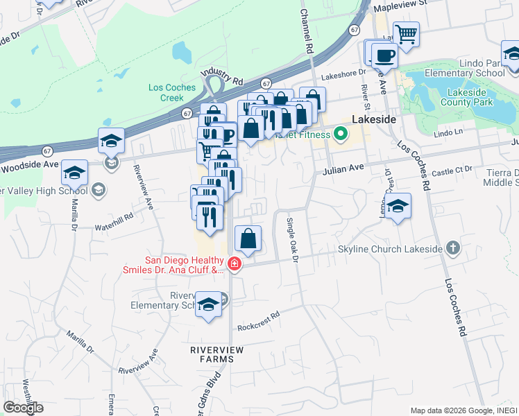 map of restaurants, bars, coffee shops, grocery stores, and more near 9607 Kumquat Dr in Lakeside