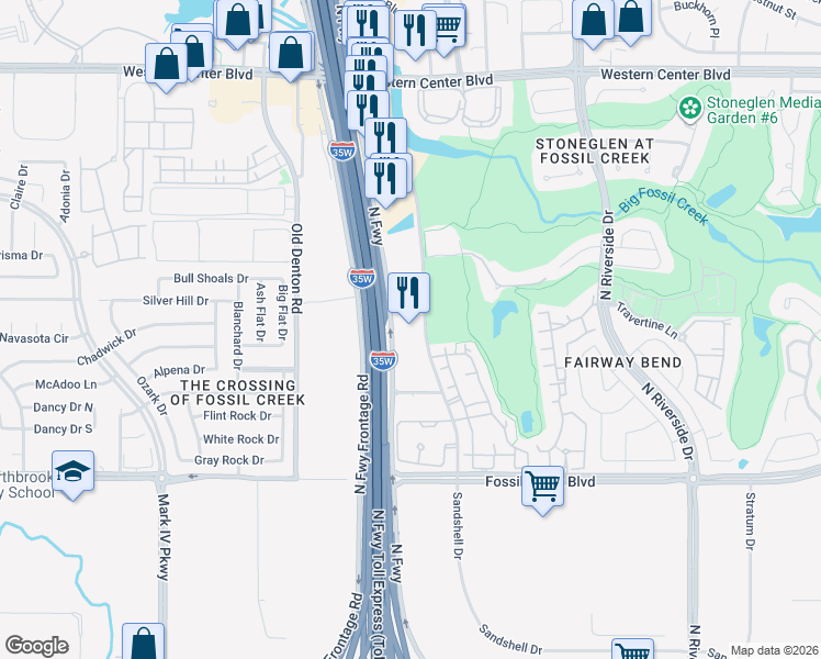 map of restaurants, bars, coffee shops, grocery stores, and more near 5845 Sandshell Drive in Fort Worth