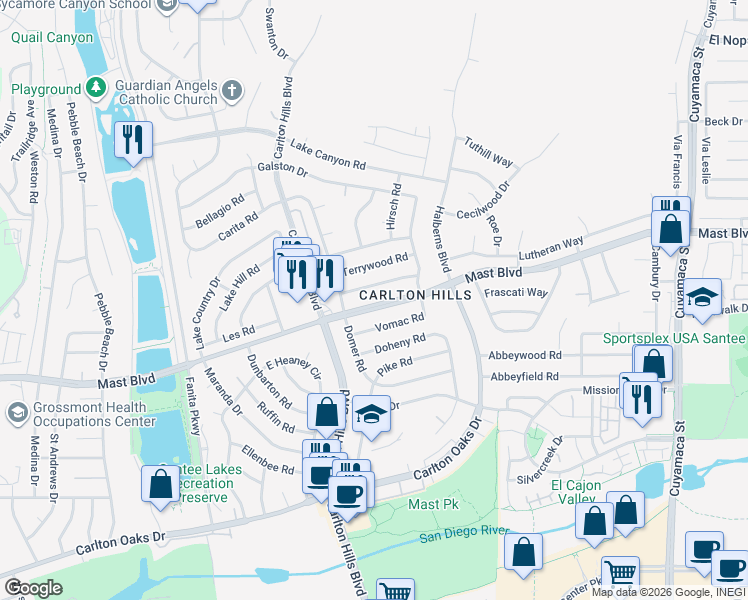 map of restaurants, bars, coffee shops, grocery stores, and more near 9436 Mast Boulevard in Santee