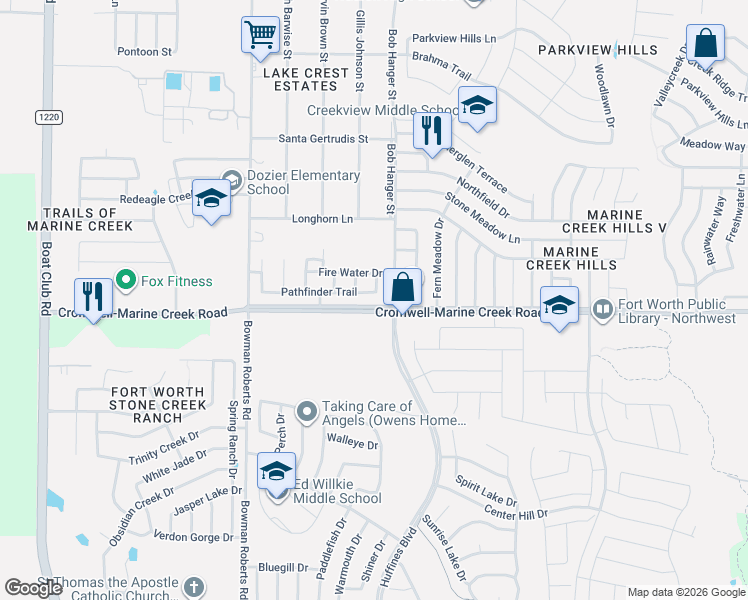 map of restaurants, bars, coffee shops, grocery stores, and more near 6350 Twilight Circle in Fort Worth