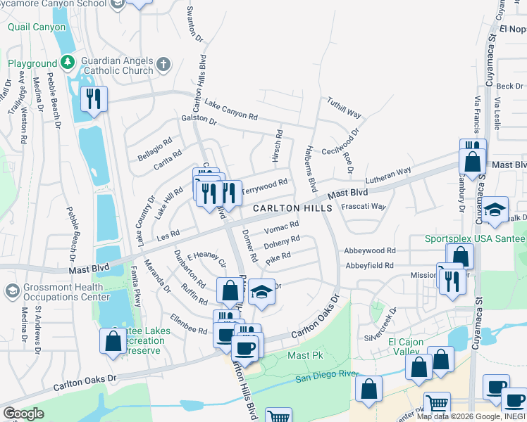 map of restaurants, bars, coffee shops, grocery stores, and more near 9436 Mast Boulevard in Santee