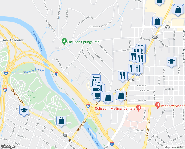 map of restaurants, bars, coffee shops, grocery stores, and more near 813 Nottingham Drive in Macon
