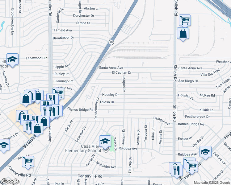 map of restaurants, bars, coffee shops, grocery stores, and more near 2214 Costa Mesa Drive in Dallas
