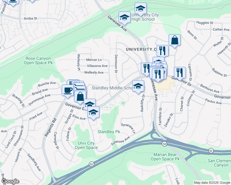 map of restaurants, bars, coffee shops, grocery stores, and more near 3624 Governor Drive in San Diego