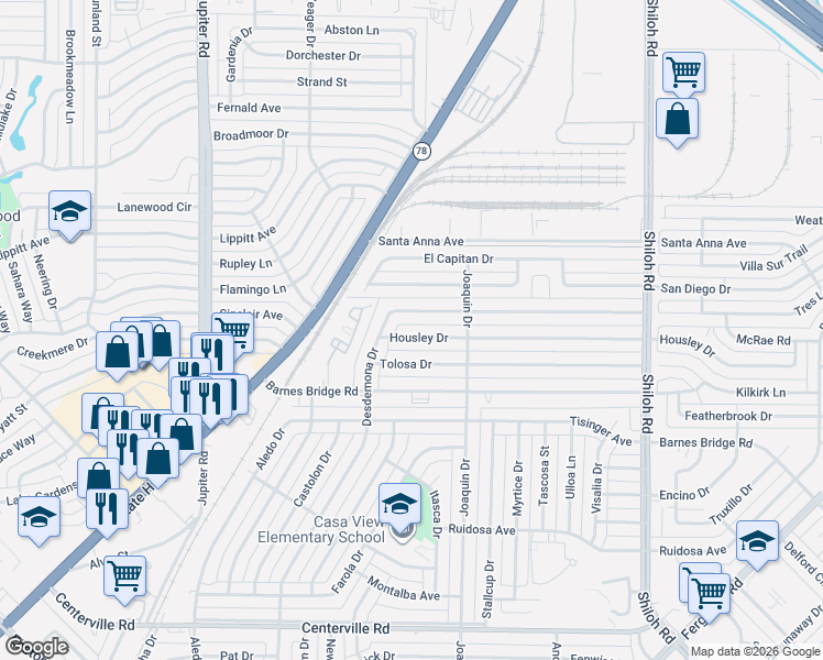 map of restaurants, bars, coffee shops, grocery stores, and more near 2020 Costa Mesa Drive in Dallas