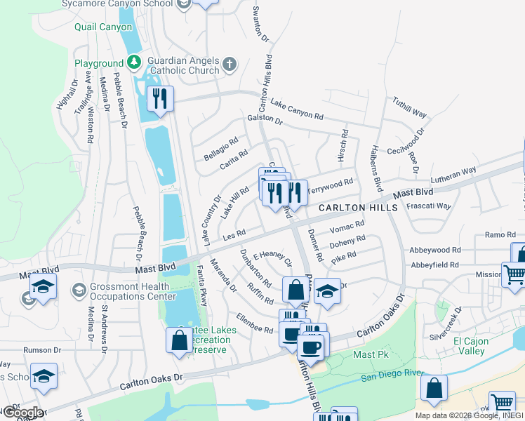 map of restaurants, bars, coffee shops, grocery stores, and more near 9630 Carlton Hills Boulevard in Santee