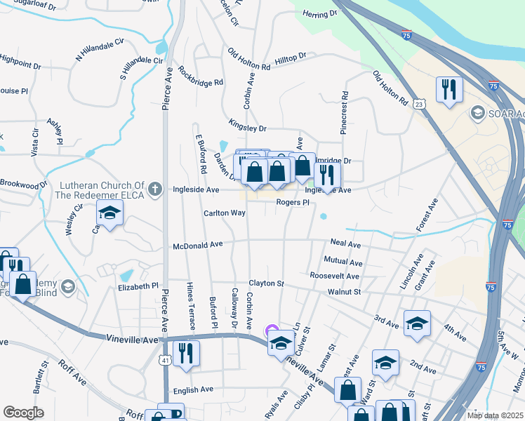 map of restaurants, bars, coffee shops, grocery stores, and more near 364 Leah Place in Macon