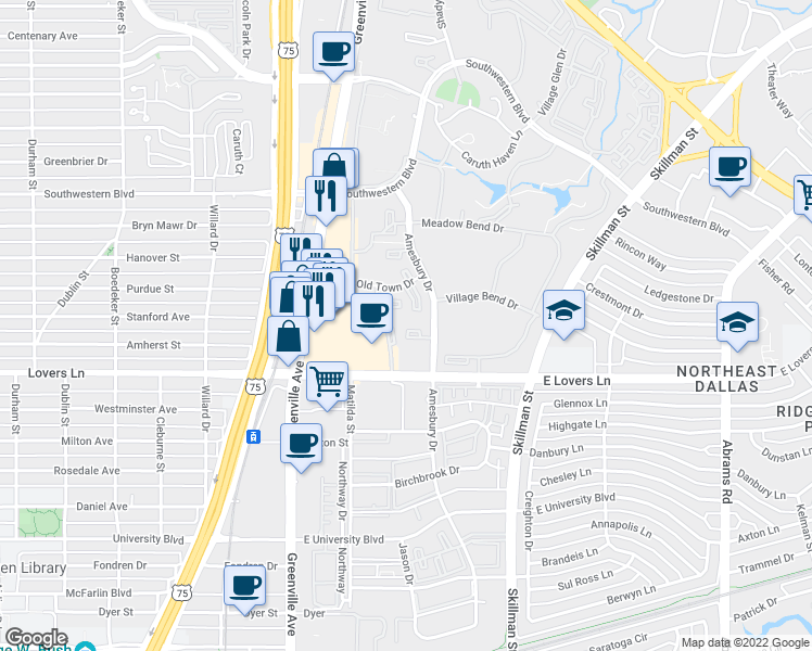 map of restaurants, bars, coffee shops, grocery stores, and more near in Dallas
