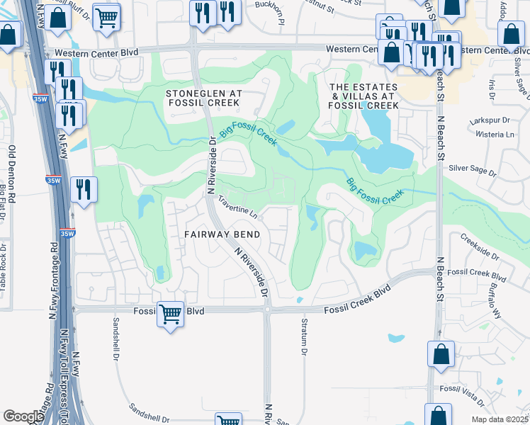 map of restaurants, bars, coffee shops, grocery stores, and more near Siltstone Lane in Fort Worth