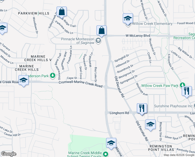 map of restaurants, bars, coffee shops, grocery stores, and more near 6328 Bay Lake Drive in Fort Worth
