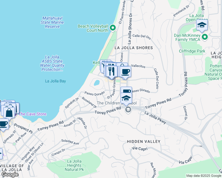 map of restaurants, bars, coffee shops, grocery stores, and more near 8001 Calle De La Plata in San Diego