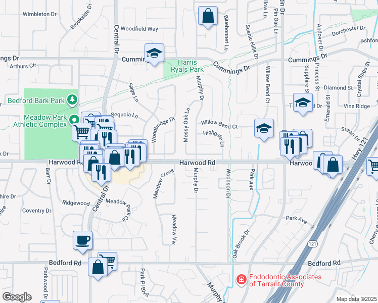map of restaurants, bars, coffee shops, grocery stores, and more near 3000 Mossy Oak Lane in Bedford