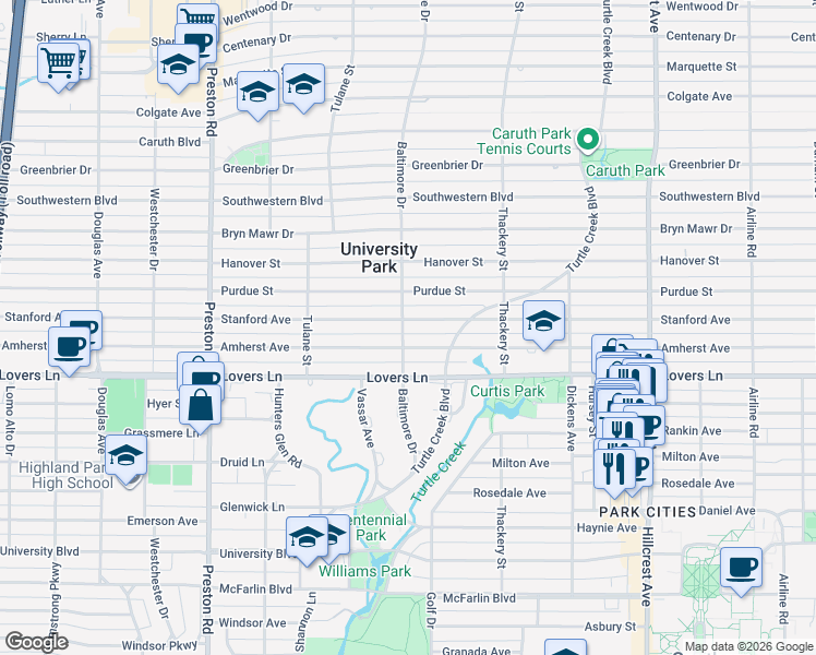 map of restaurants, bars, coffee shops, grocery stores, and more near 3745 Stanford Ave in Dallas