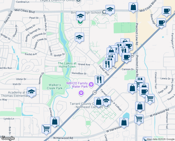 map of restaurants, bars, coffee shops, grocery stores, and more near 6100 Ashbury Street in North Richland Hills