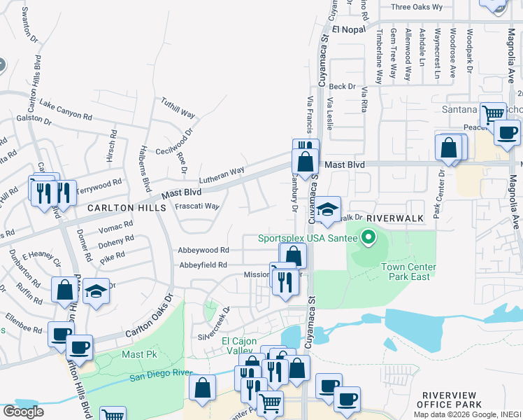 map of restaurants, bars, coffee shops, grocery stores, and more near Castaic Court in Santee