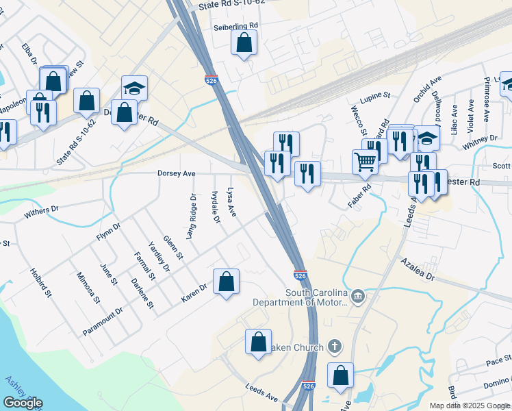 map of restaurants, bars, coffee shops, grocery stores, and more near 3800 Paramount Drive in North Charleston