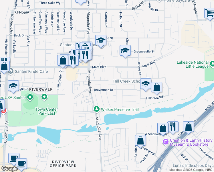 map of restaurants, bars, coffee shops, grocery stores, and more near 9690 Bundy Drive in Santee