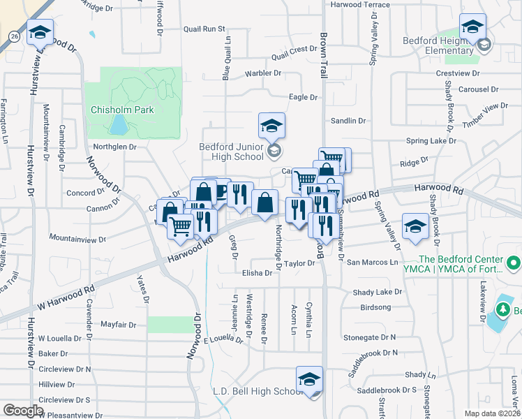 map of restaurants, bars, coffee shops, grocery stores, and more near 208 Wayside Court in Bedford