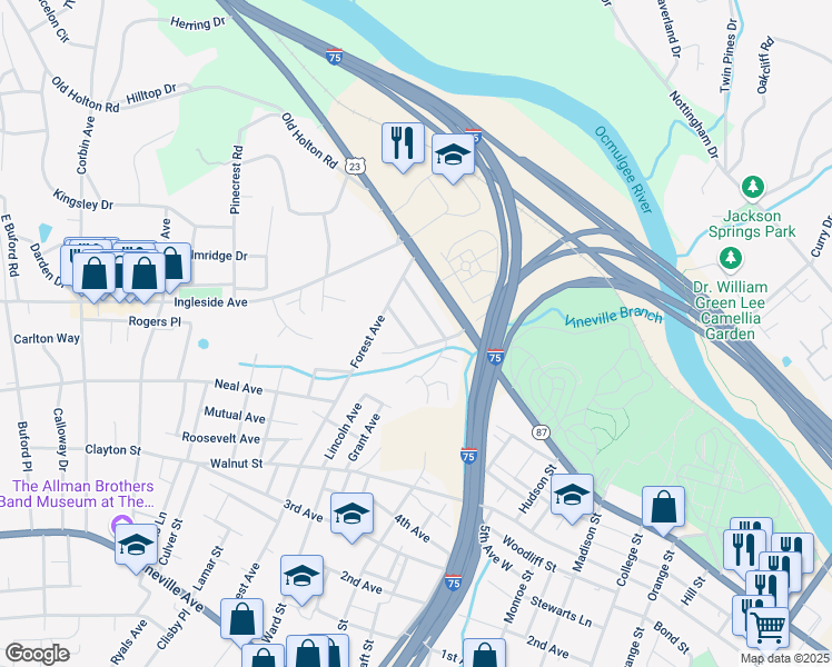 map of restaurants, bars, coffee shops, grocery stores, and more near 1929 Mallory Drive in Macon
