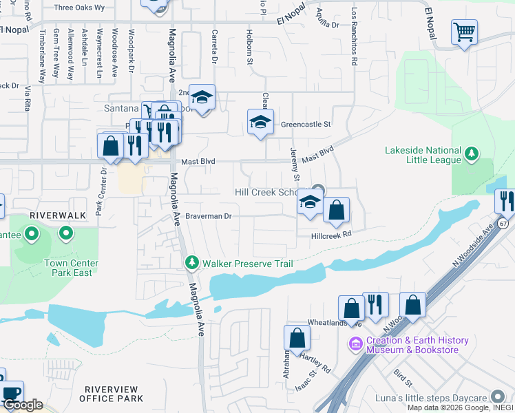 map of restaurants, bars, coffee shops, grocery stores, and more near 9717 Follett Drive in Santee