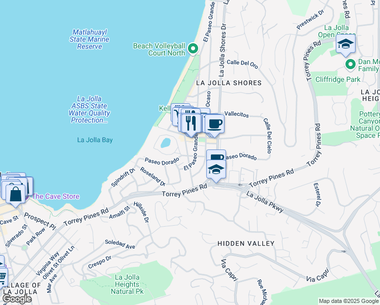 map of restaurants, bars, coffee shops, grocery stores, and more near 8001 Calle De La Plata in San Diego