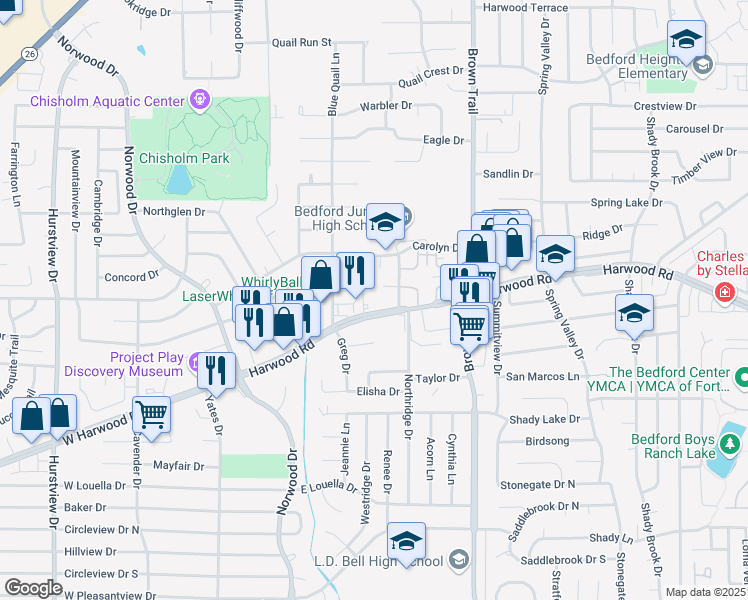 map of restaurants, bars, coffee shops, grocery stores, and more near 208 Wayside Court in Bedford