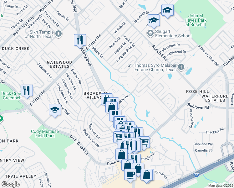 map of restaurants, bars, coffee shops, grocery stores, and more near 5118 Broadway Boulevard in Garland