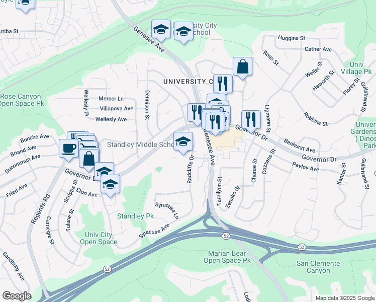 map of restaurants, bars, coffee shops, grocery stores, and more near 6298 Radcliffe Drive in San Diego