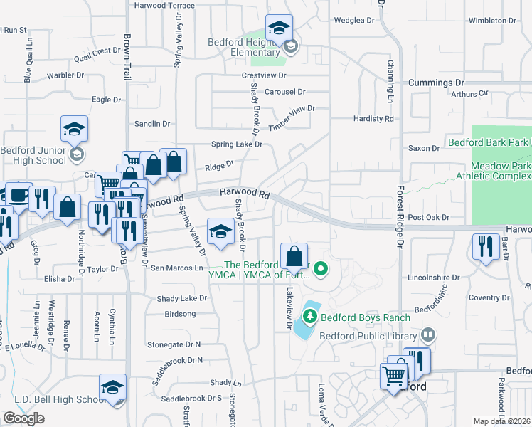 map of restaurants, bars, coffee shops, grocery stores, and more near 2805 Springhaven Court in Bedford
