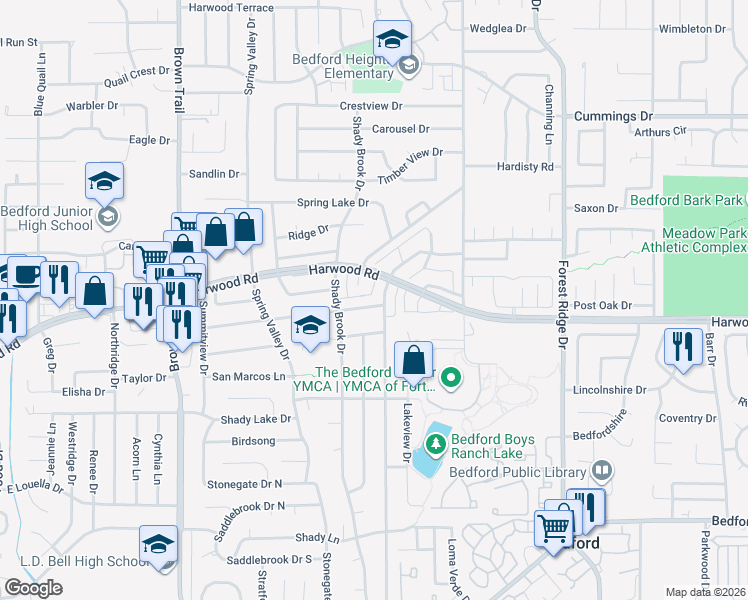 map of restaurants, bars, coffee shops, grocery stores, and more near 1105 Springdale Road in Bedford