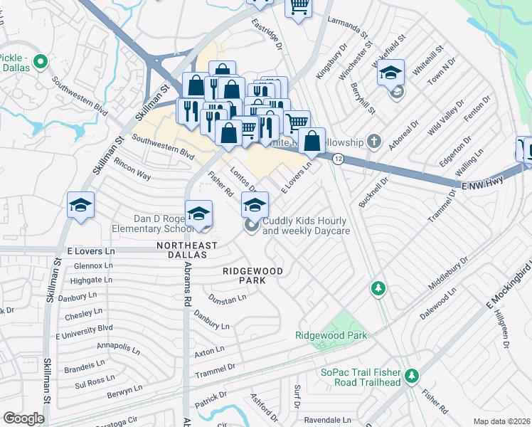 map of restaurants, bars, coffee shops, grocery stores, and more near 6509 East Lovers Lane in Dallas