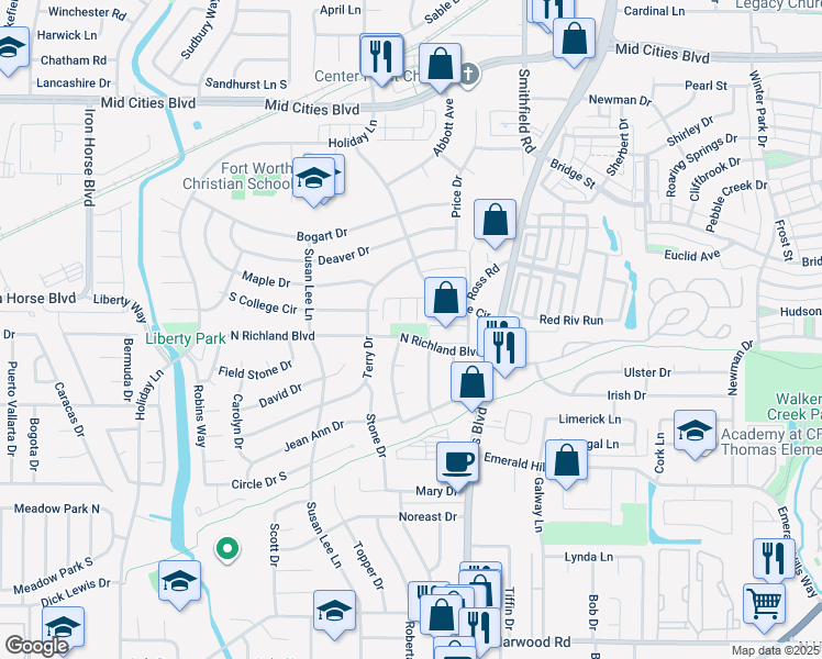 map of restaurants, bars, coffee shops, grocery stores, and more near 7751 North Richland Boulevard in North Richland Hills