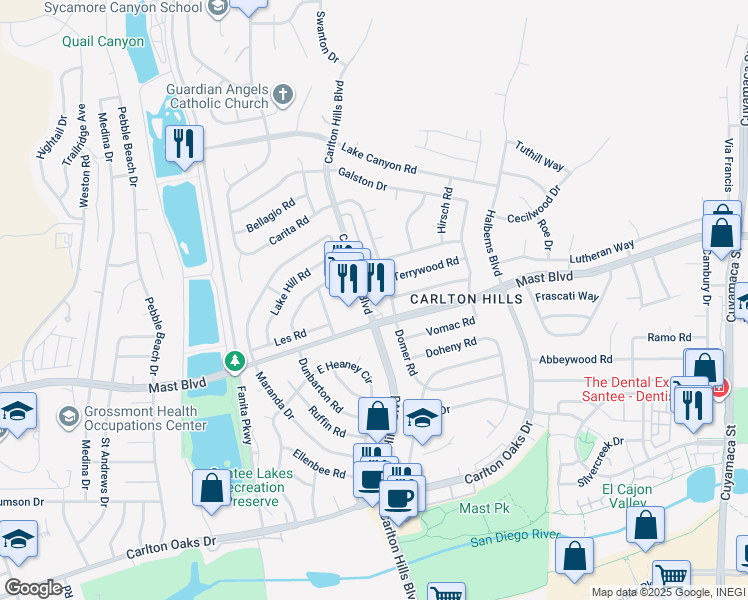 map of restaurants, bars, coffee shops, grocery stores, and more near 9629 Carlton Hills Boulevard in Santee