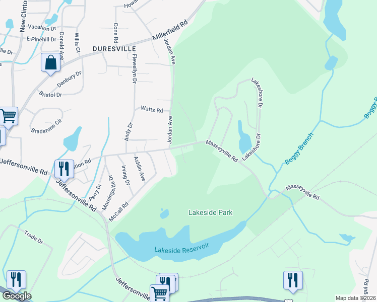 map of restaurants, bars, coffee shops, grocery stores, and more near 2573 Recreation Road in Macon