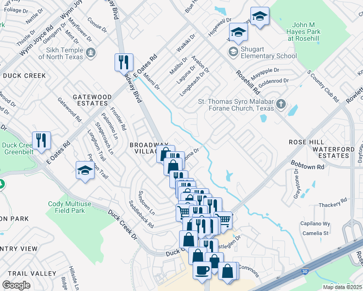 map of restaurants, bars, coffee shops, grocery stores, and more near 5130 Broadway Boulevard in Garland