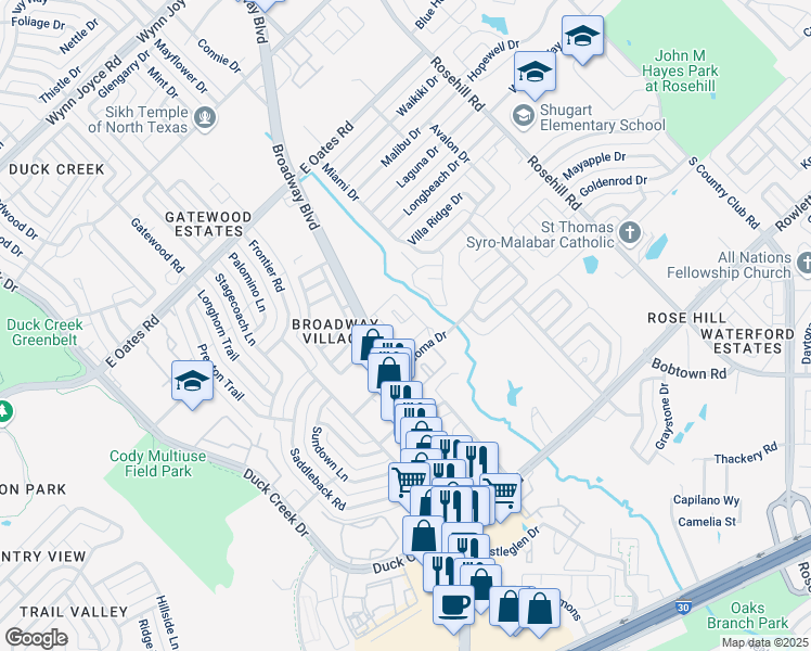 map of restaurants, bars, coffee shops, grocery stores, and more near 5130 Broadway Boulevard in Garland