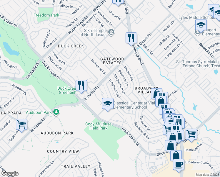 map of restaurants, bars, coffee shops, grocery stores, and more near 5102 Preston Trail in Garland