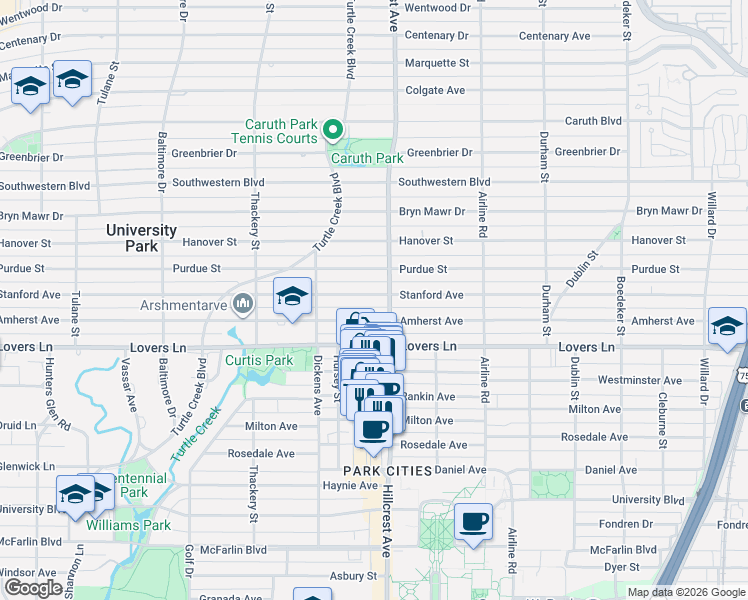 map of restaurants, bars, coffee shops, grocery stores, and more near 3408 Stanford Avenue in Dallas