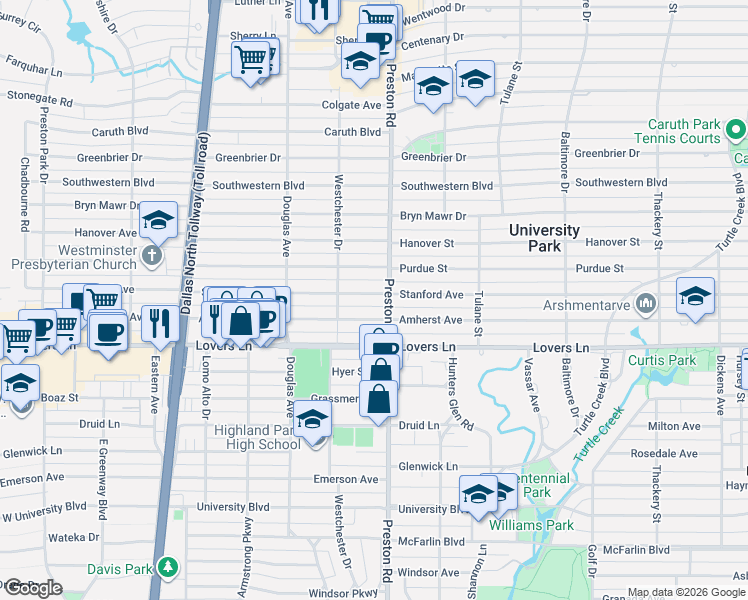 map of restaurants, bars, coffee shops, grocery stores, and more near 4121 Stanford Avenue in Dallas