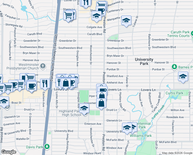 map of restaurants, bars, coffee shops, grocery stores, and more near 4121 Stanford Avenue in Dallas
