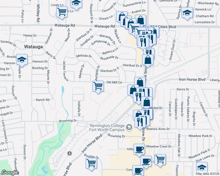 map of restaurants, bars, coffee shops, grocery stores, and more near 6321 Browning Court in North Richland Hills