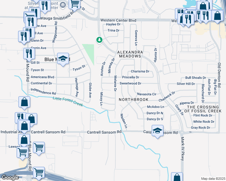 map of restaurants, bars, coffee shops, grocery stores, and more near 2225 Sweetwood Drive in Fort Worth