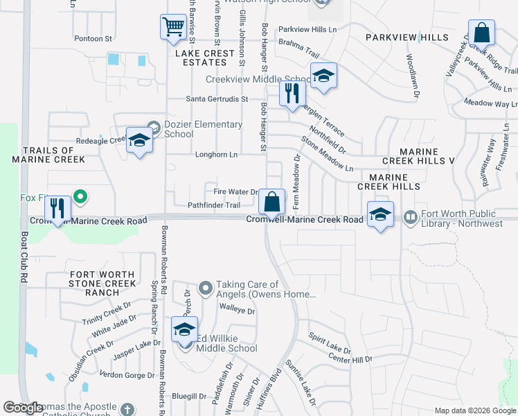 map of restaurants, bars, coffee shops, grocery stores, and more near 6350 Twilight Circle in Fort Worth