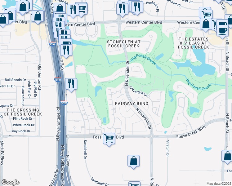 map of restaurants, bars, coffee shops, grocery stores, and more near 6001 Aimsley Court in Fort Worth