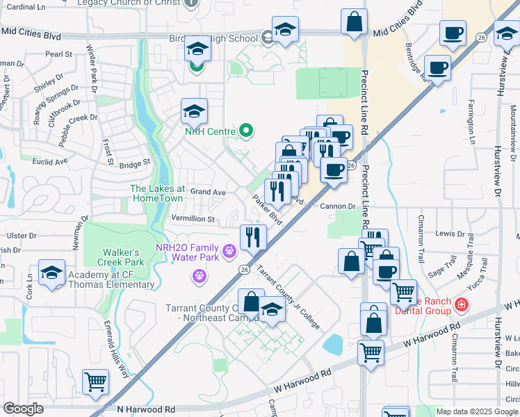map of restaurants, bars, coffee shops, grocery stores, and more near 6041 Parker Boulevard in North Richland Hills